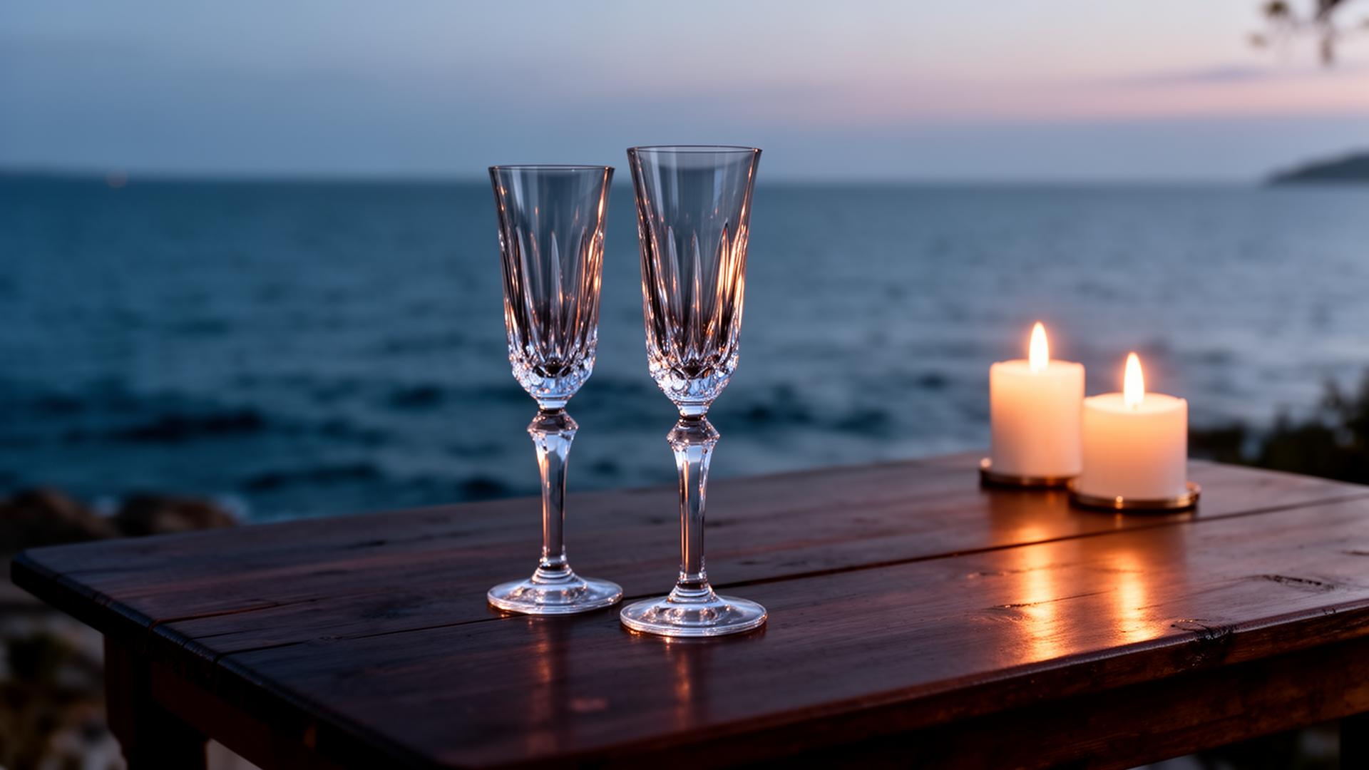 Två champagneglas från Orrefors vid havet i skymning
