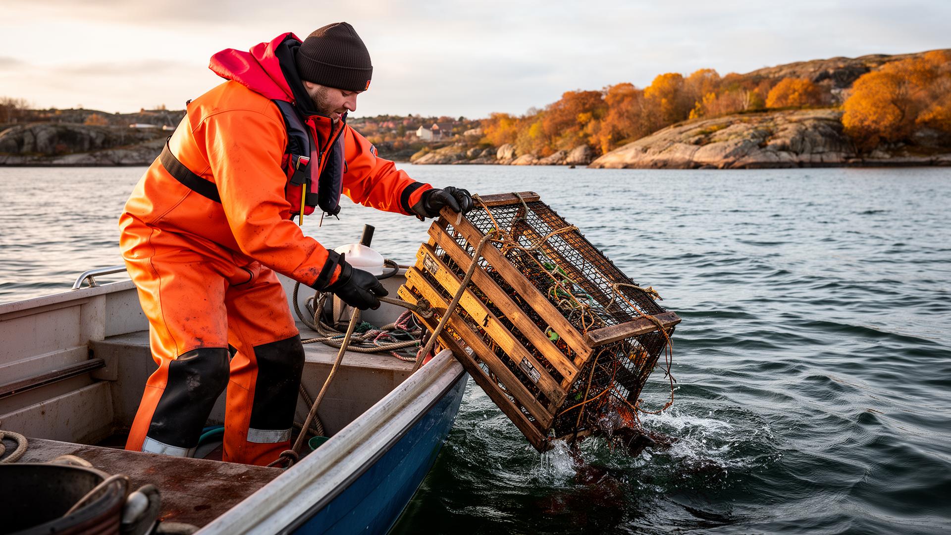 Fiskare i flytoverall drar upp en hummertina ur havet