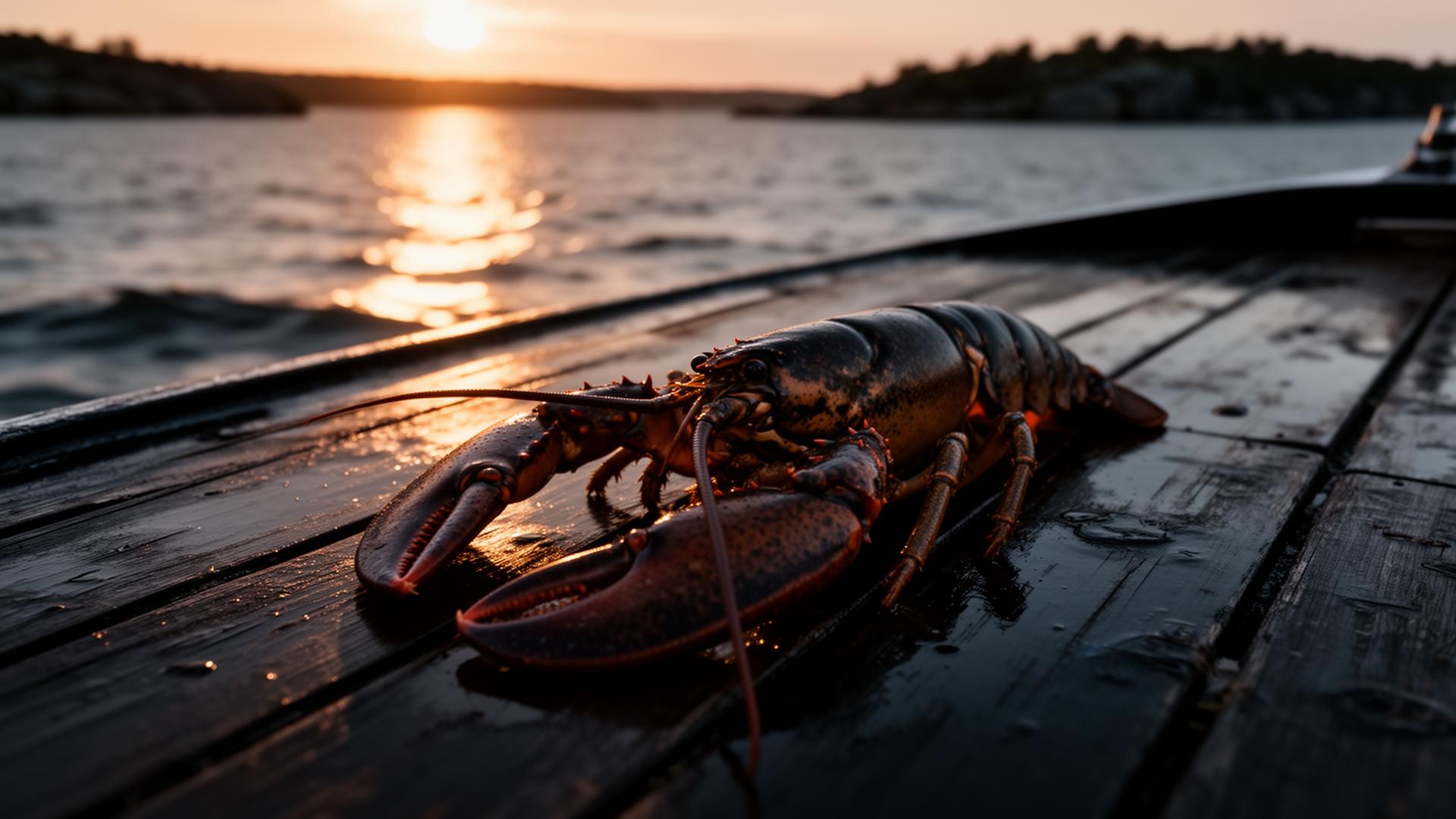 Nyfångad hummer på båtdäck vid solnedgång i Bohusläns skärgård